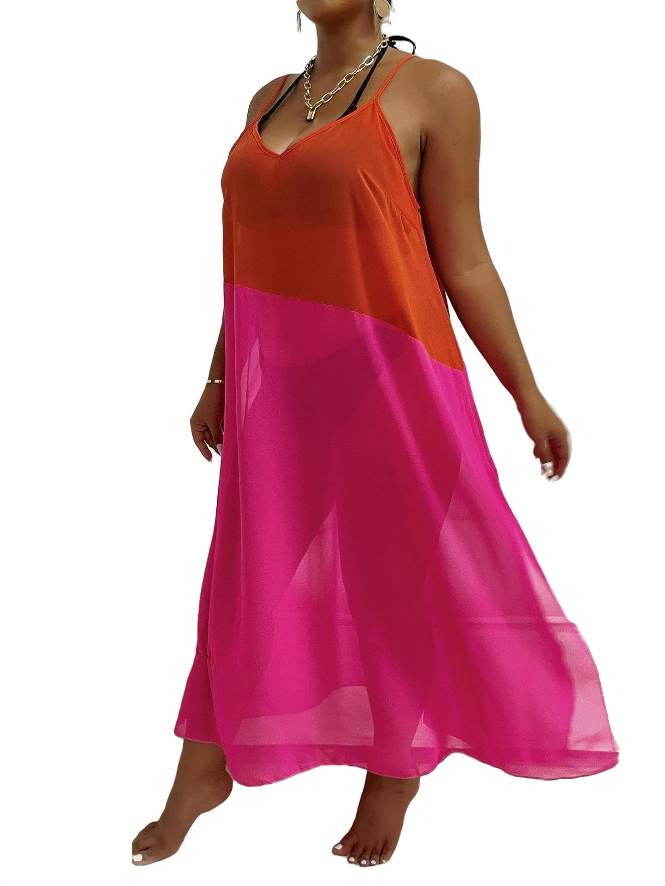 Colorblock Spaghetti Strap Sleeveless Pink Plus Size Cover Ups (Women's