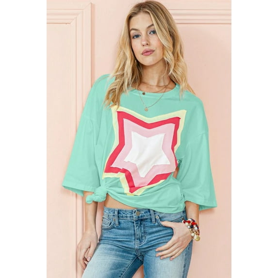 Colorblock Star Patched Half Sleeve Oversized Tee