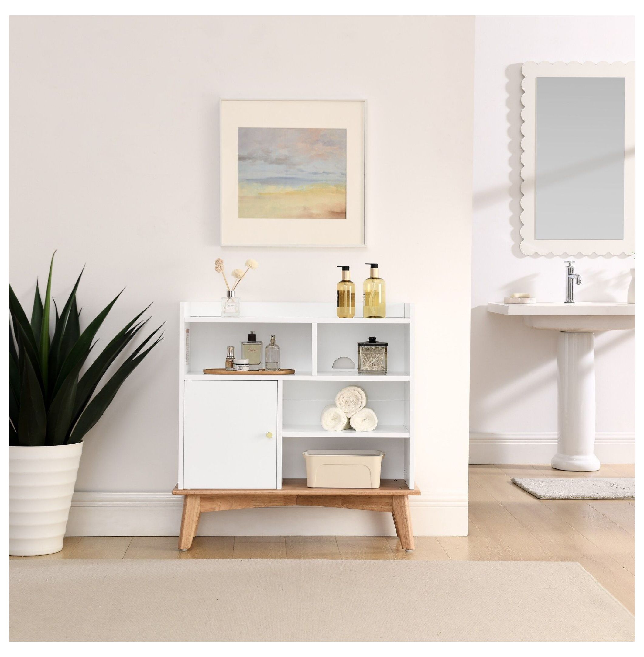 Colorblock Storage Cabinet with Solid Wood Base, Floor Cabinet for ...