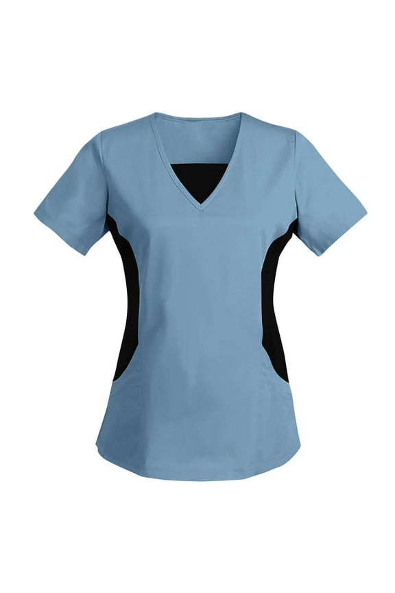 Colorblock Stretch Scrubs Tops - Womens V Neck Nurse Uniform Short Sleeve Loose Fit Medical Shirt Workwear