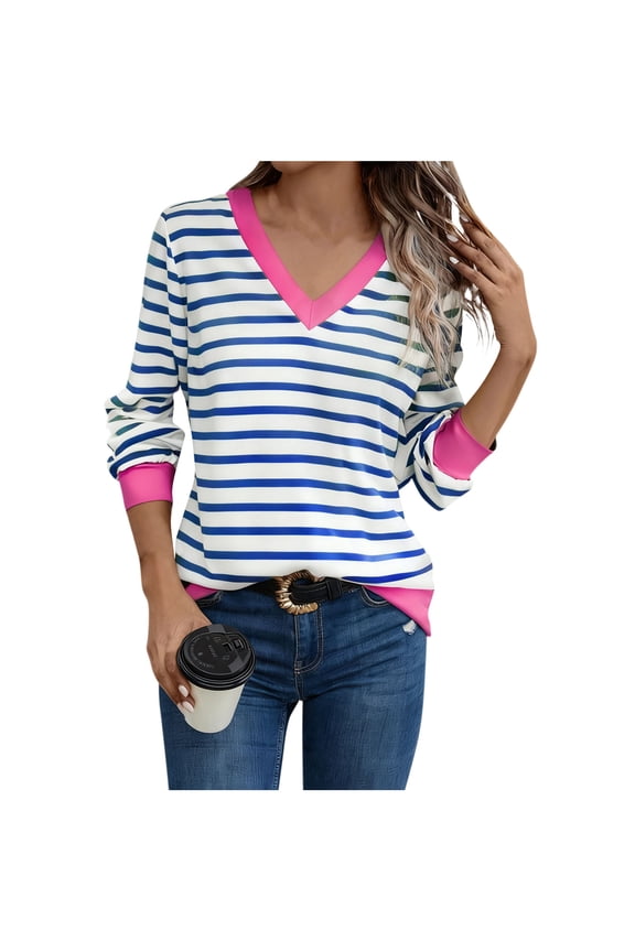 Colorblock Striped Tops for Women Long Sleeve Casual Loose V Neck Pullover T-Shirts Trendy Fall Spring Clothes (L, Blue)