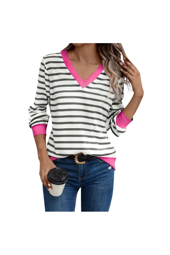 Colorblock Striped Tops for Women Long Sleeve Casual Loose V Neck Pullover T-Shirts Trendy Fall Spring Clothes (M, Dark Gray)