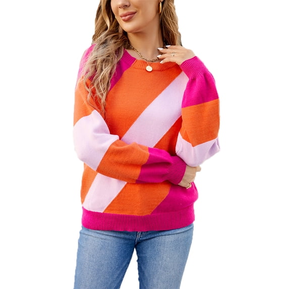 Colorblock Sweater Women, Christmas Gifts Crewneck Pullover Winter Fall Tops Womens Long Sleeve Knitwear (S, Hot Pink)