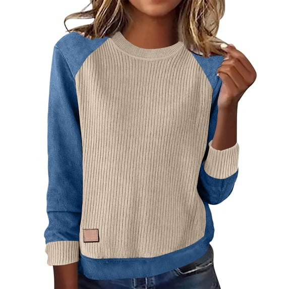 Colorblock Sweaters for Women Crewneck Raglan Long Sleeve Patchwork Trendy Tops Ribbed Knit Casual Pullover (L, Beige)