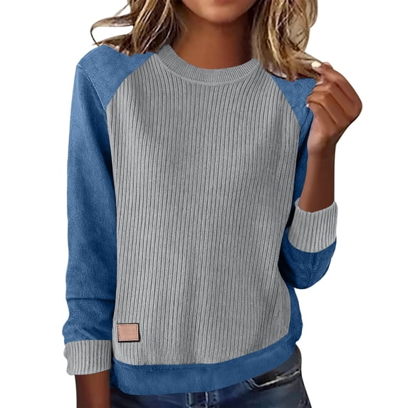 Colorblock Sweaters for Women Crewneck Raglan Long Sleeve Patchwork Trendy Tops Ribbed Knit Casual Pullover (L, Gray)