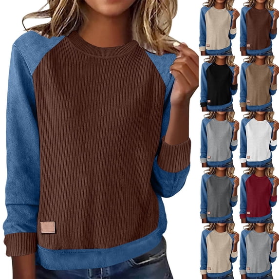 Colorblock Sweaters for Women Crewneck Raglan Long Sleeve Patchwork Trendy Tops Ribbed Knit Casual Pullover (XL, Brown)