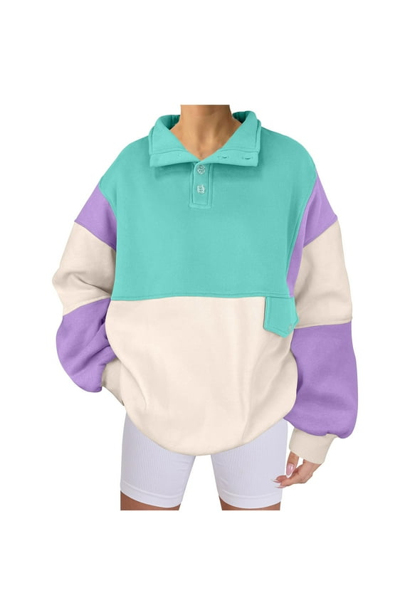 Colorblock Sweatshirt Pullover Oversized Long Sleeve Button Neck Sweater Tops Womens Fall Winter Casual Outwear (M, Purple)