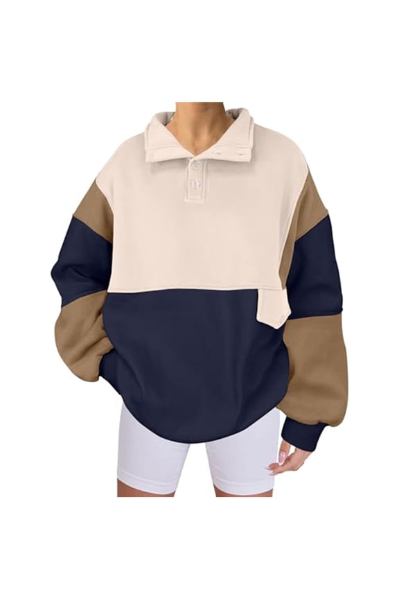 Colorblock Sweatshirt Pullover Oversized Long Sleeve Button Neck Sweater Tops Womens Fall Winter Casual Outwear (S, Navy)