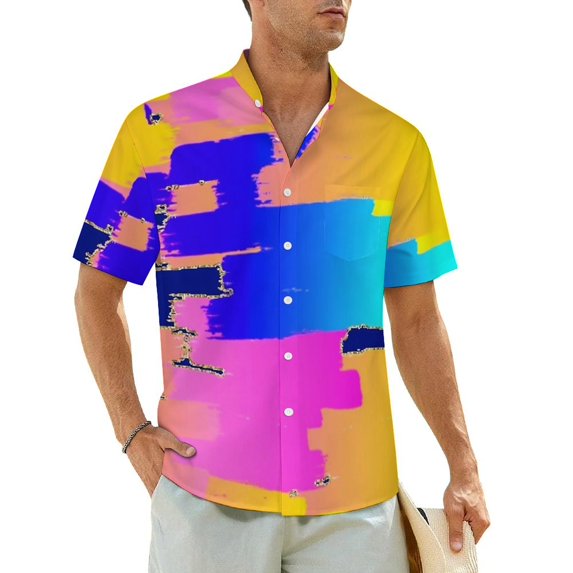 Colorblock Vacation Shirt Colorful Print Hawaii Casual Shirts Men Cool Blouses Short-Slee