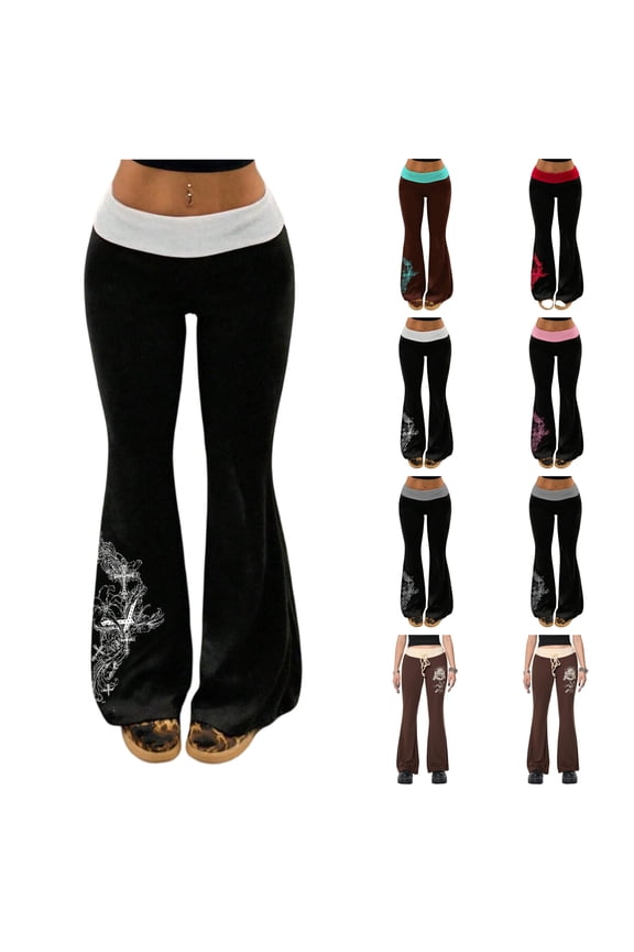 Colorblock Waist Flare Pants for Women, Y2K Street Style Bell Bottoms - High Stretch Knit Trousers with Graphic Print Hem Brown S