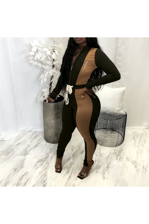Colorblock Zip-Front Jumpsuit with Drawstring Waist