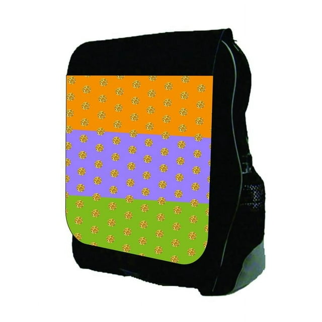 Colorblocked Orange, Purple, Lime Stripes with Gold Polka Dots - Black School Backpack