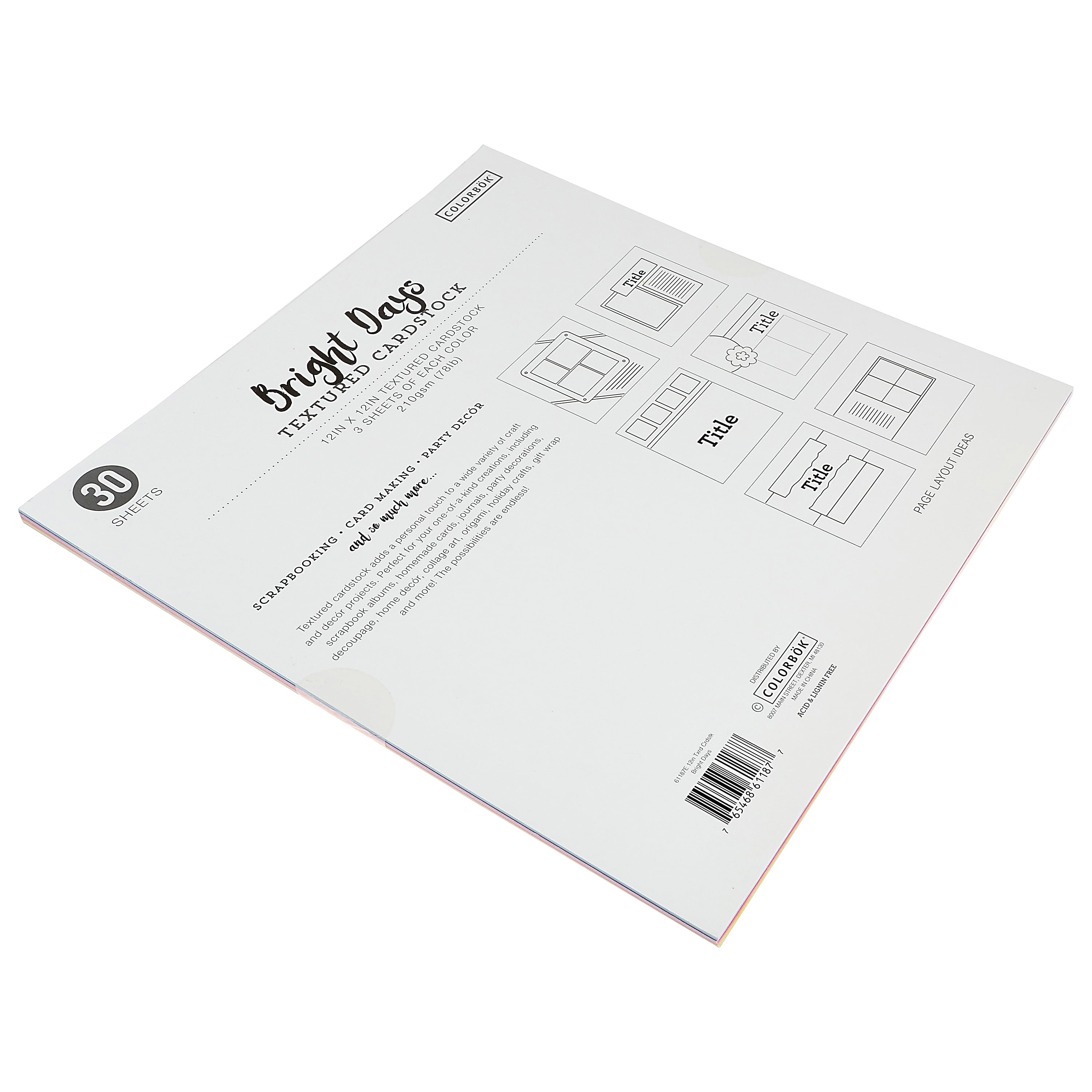 Colorbok Bright Days Textured Multicolor Cardstock, 12"x12", 121 lb./180 GSM, 30 Sheets