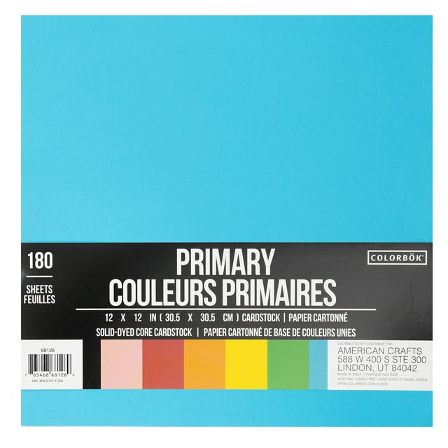 Colorbok Multicolor Premium Primary Cardstock, 12"x12", 108 lb/160 GSM
