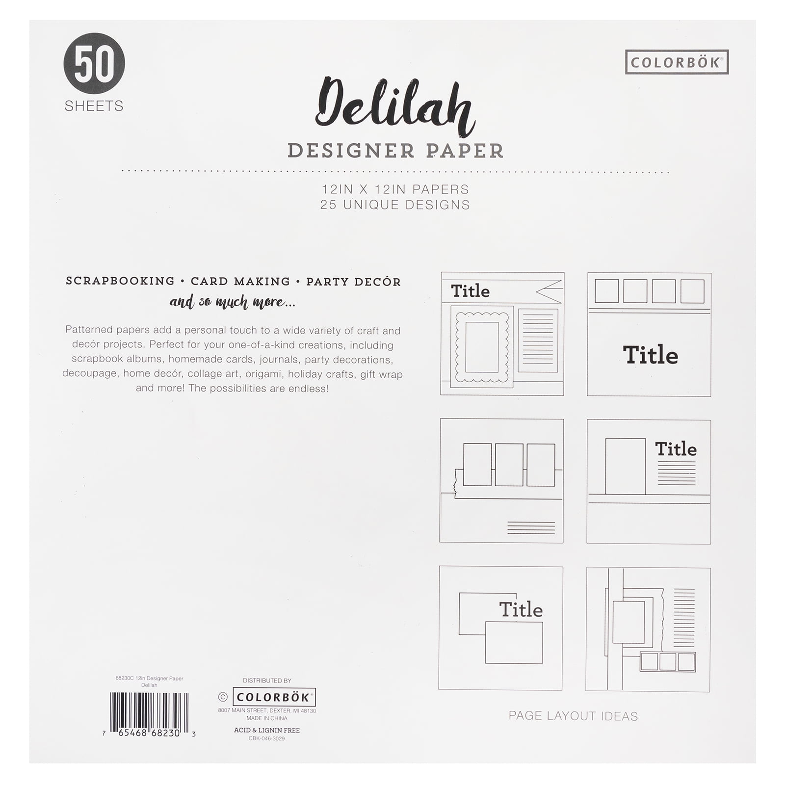 COLORBK Colorbok Solid Delilah Designer Paper Pad, 12"x12", 67 lb./100 GSM, 50 Sheets