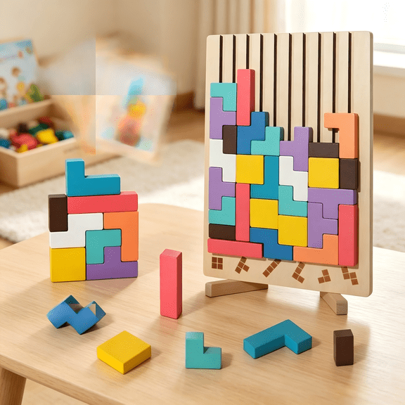 Colored 3D Stereoscopic Block Puzzle, Wooden Jigsaw Stacking Board Game with Brain Teaser Challenges for Early Learning and Activity Use