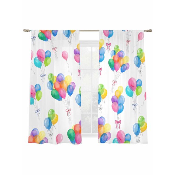 Colored Balloons Sheer Curtains 2 Panels Set Watercolors Yellow Green Balloon Blue Pink Bow Sheer Window Curtains Light Filtering Rod Pocket Voile Drapes for Bedroom Living Room 52"x63"