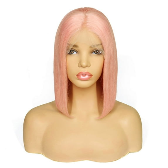 Colored Bob Wigs Human Hair Peruvian 13x4x1 Lace T Part Short Peach Pink 180% Density Glueless Middle Part Straight Wig for Women 12 Inch