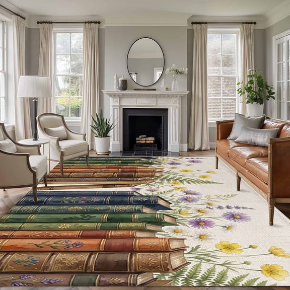 Colored Books 8'x10' Large Area Rug for Living Room Sectional Sofa, Vintage Floral Book Spines Linen Texture Washable Non Slip Low Pile Rectangle Area Rug