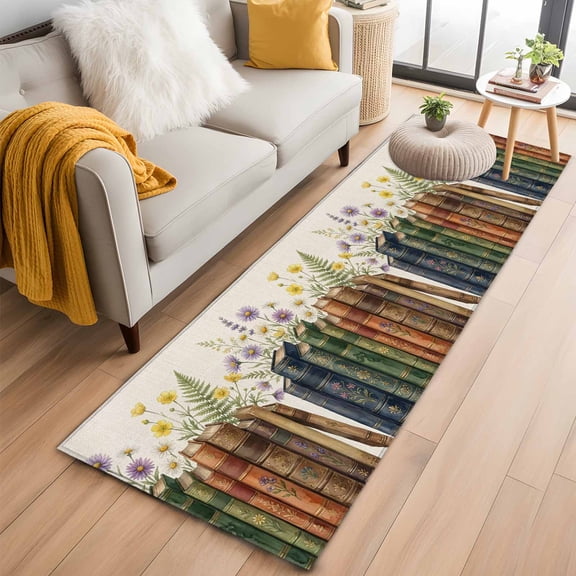 Colored Books Runner Rug 2'x6' Vintage Floral Book Spines Linen Texture Hallway Runner Rugs Washable Non-Slip Bedside Floor Mats Carpet for Kitchen Bedroom Laundry Room Bathroom