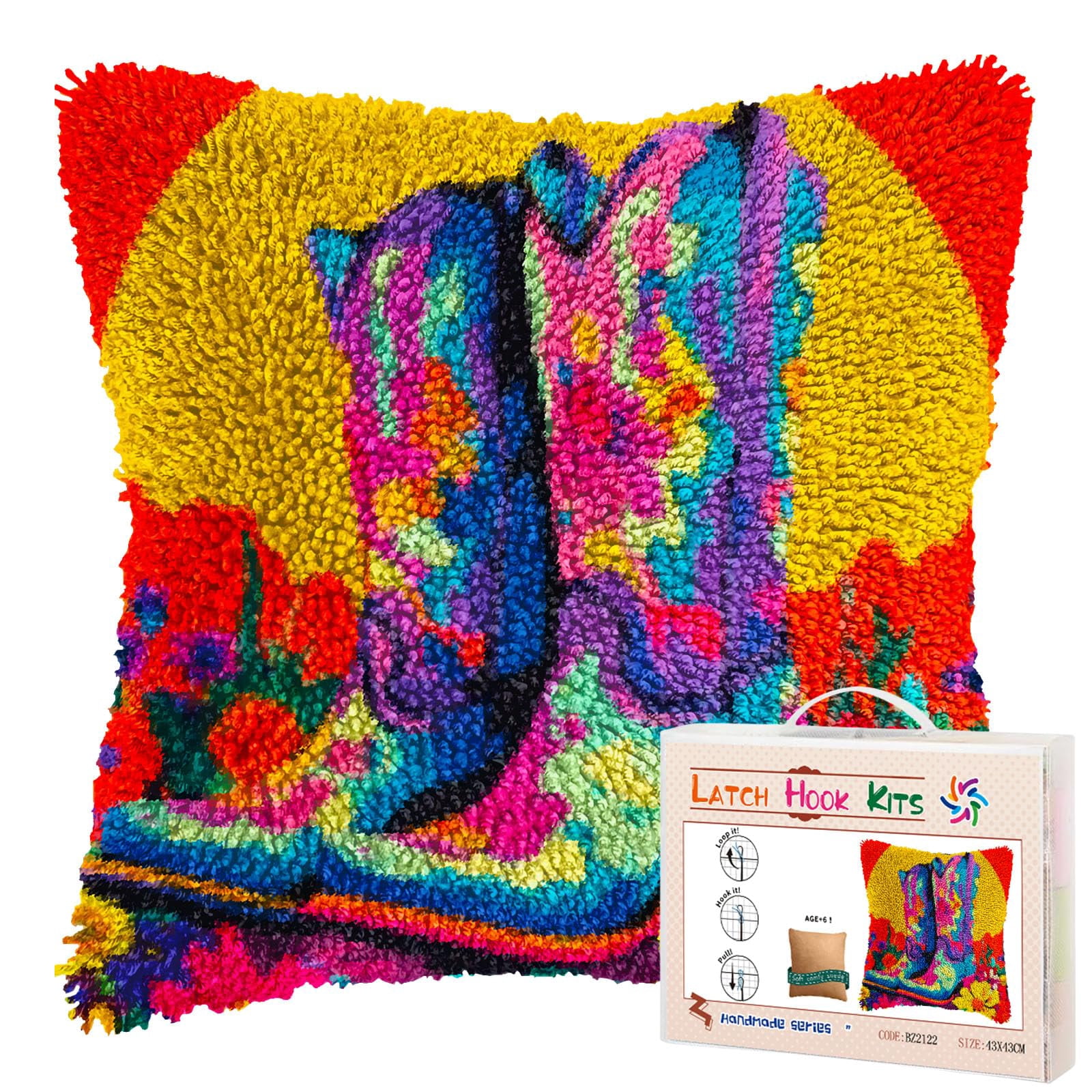 Colored Boots and Flowers DIY Latch Hook Pillow Kits for Adults Printed Pillowcase Crochet Yarns Hooking Handmade Pillow Cover Cushion for Home Sofa Decoration 17x17inch