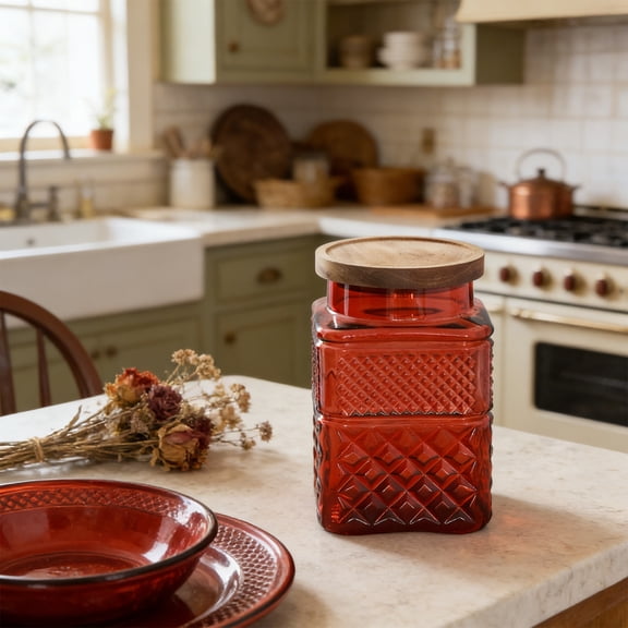 Colored Borosilicate Glass Storage Jar with Airtight Lid, Tinted Food Container for Pantry Organization, Dry Goods & Snacks, Kitchen Decor ,Red