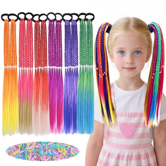 Colored Braids Hair Extensions with Rubber Bands Rainbow Braided Synthetic Hairpieces Ponytail Hair Accessories for Women Girls Party Highlights Cosplay Dress Up (12PCS A Style)