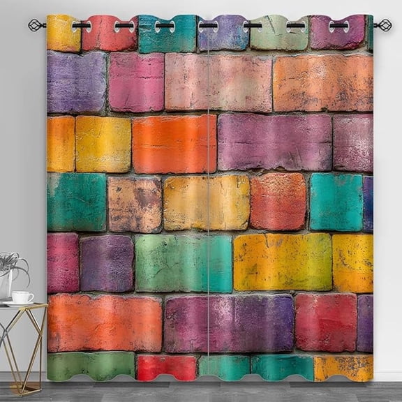 Colored Bricks Window Curtain, Graffiti Blackout Curtains, Watercolor Wall 3D Printed Drapes, Grommet Top Window Treatments for Bedroom Office Kitchen 26"W x 45"L (Pack of 2)