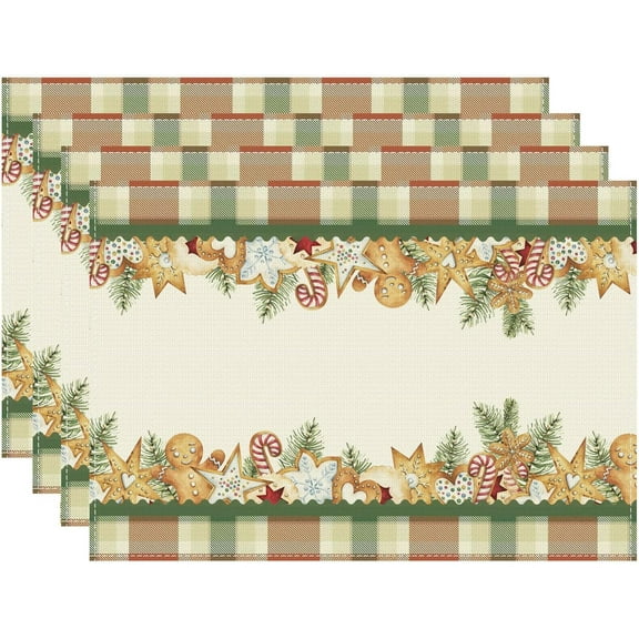 Colored Buffalo Plaid Gingerbread Man Tree Snowflakes Christmas Winter Xmas Cloth Placemats Set of 4 Table Mats Table Decorations 12x18 Inch