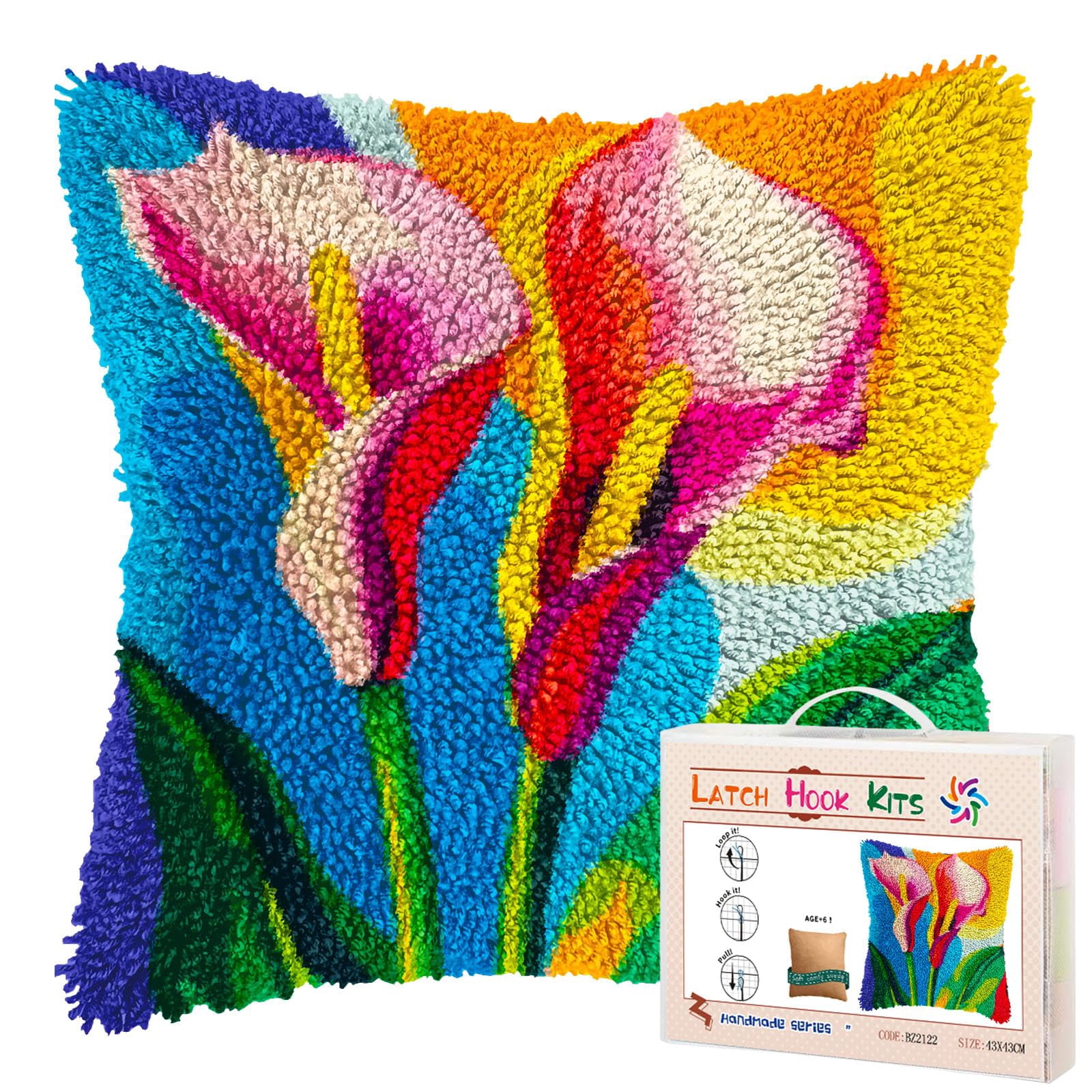 Colored Calla Lily Flower DIY Latch Hook Pillow Kits for Adults Printed Pillowcase Crochet Yarns Hooking Handmade Pillow Cover Cushion for Home Sofa Decoration 17x17inch