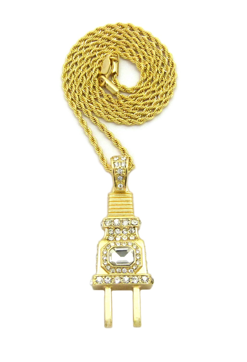 Diamond Plug Chain Colored Center Gemstone Power Plug Pendant with Chain Necklace - Clear ...
