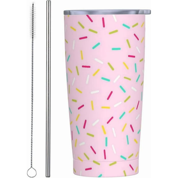 Colored Confetti 20oz Tumbler with Lid and Straw for Women, Pink Donut Glaze Confetti Insulated Mug Donuts Sprinkles Theme Stainless Steel Tumbler Double Wall Vacuum Travel Mug Coffee Cup