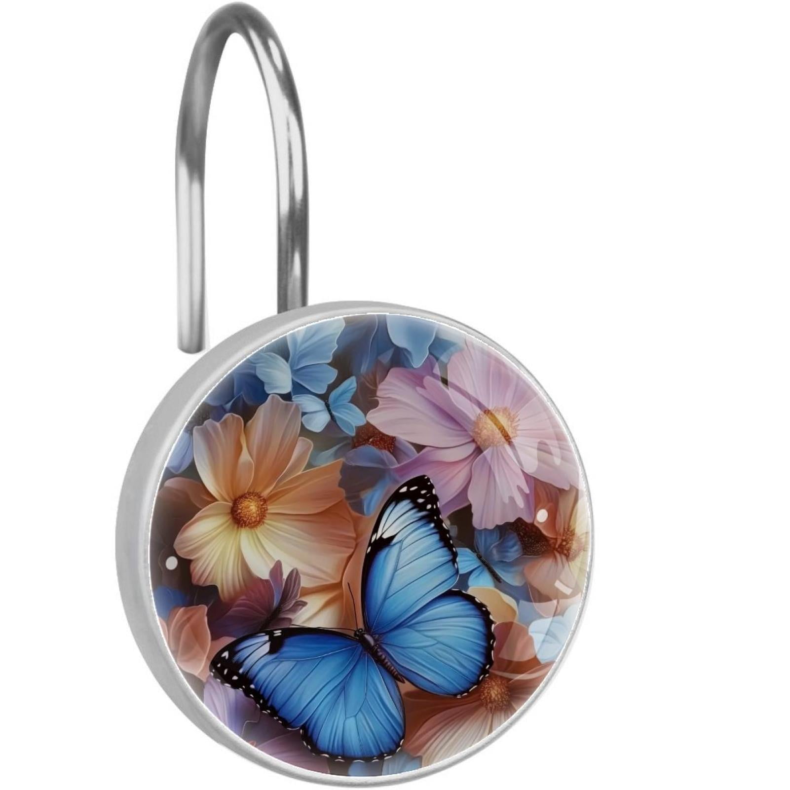 Colored Cosmos Flower Butterfly Shower Curtain Hooks Round Crystal Glass, Set of 12 Shower Curtain Rings - Shower Hooks for Curtain Shower Rings