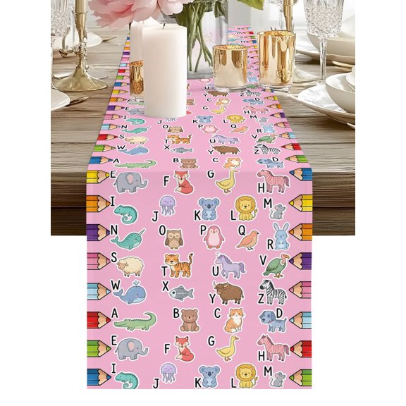 Colored Crayons Table Runners 60 Inches Long Cute Cartoon Animals Letters A-Z Pink Back Kitchen Dining Table Runner Dresser Scarves for Party Coffee Holiday Party Decor
