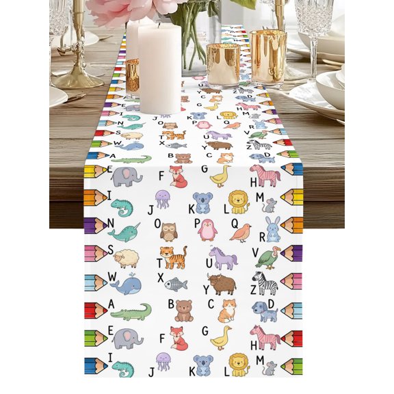 Colored Crayons Table Runners 90 Inches Long Cute Cartoon Animals Letters A-Z Kitchen Dining Table Runner Dresser Scarves for Party Coffee Holiday Party Decor