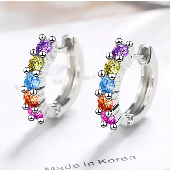 Colored Crystal Round Hoop Huggie 925 Sterling Silver Earrings Womens Jewelry