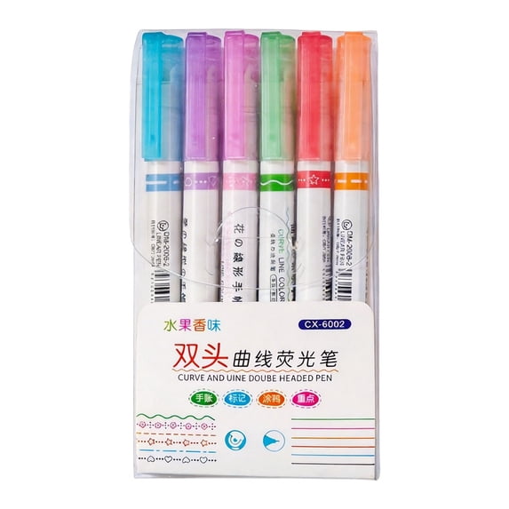 Colored Curve Highlighter Pens Set - 6 Different Shapes & 6 Colors Fine Tips for Writing, Journaling, Note Taking, Drawing, Scrapbook Art, Classroom Supplies