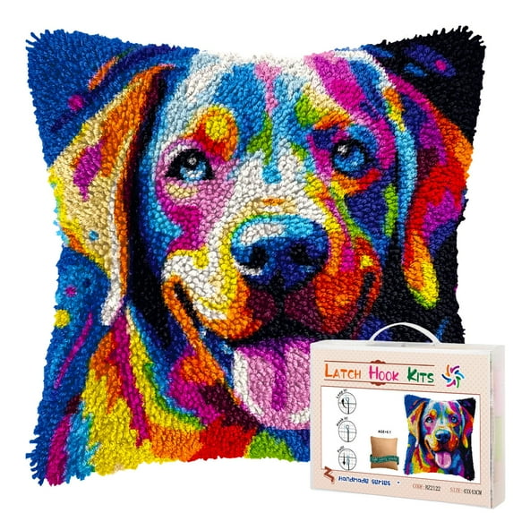 Colored Cute Labrador Puppy DIY Latch Hook Pillow Kits for Adults Printed Pillowcase Crochet Yarns Hooking Handmade Pillow Cover Cushion for Home Sofa Decoration 17x17inch