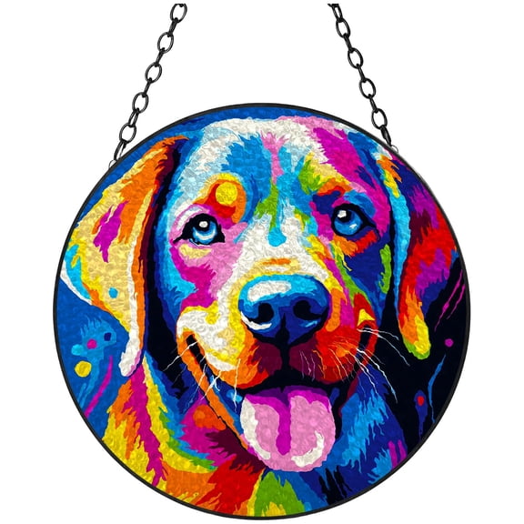Colored Cute Labrador Puppy Stained Glass Suncatcher Handmade Window Hanging Colored Glass Suncatcher Crafts Kits for Indoor Garden Decor Memorial Gift 16x16cm