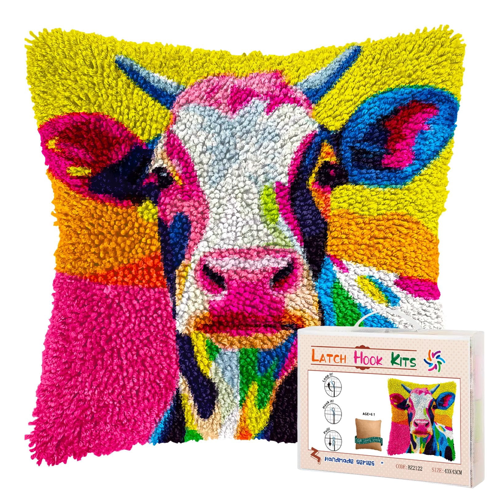Colored Dairy Cow DIY Latch Hook Pillow Kits for Adults Printed Pillowcase Crochet Yarns Hooking Handmade Pillow Cover Cushion for Home Sofa Decoration 17x17inch