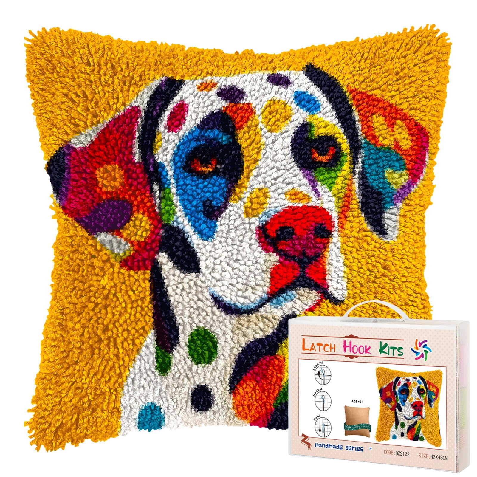 Colored Dalmatian Dog DIY Latch Hook Pillow Kits for Adults Printed Pillowcase Crochet Yarns Hooking Handmade Pillow Cover Cushion for Home Sofa Decoration 17x17inch