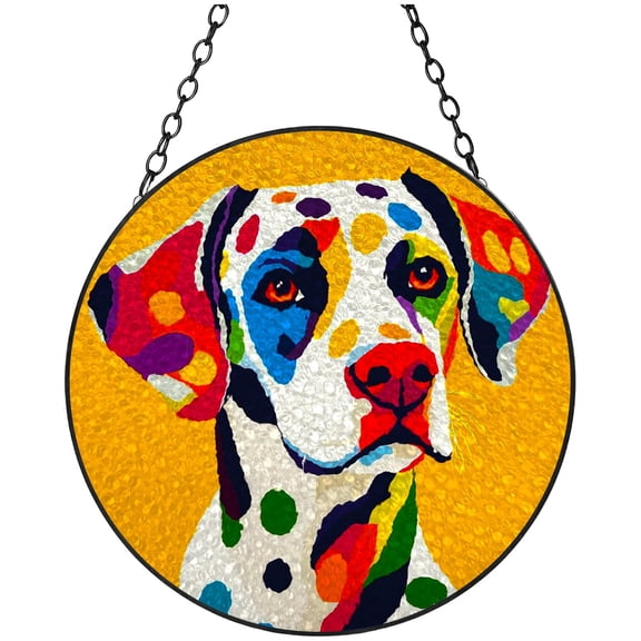 Colored Dalmatian Dog Stained Glass Suncatcher Handmade Window Hanging Colored Glass Suncatcher Crafts Kits for Indoor Garden Decor Memorial Gift 16x16cm