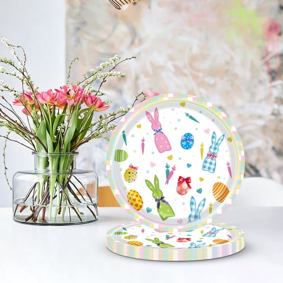 Colored Easter Bunny Dinnerware Set, Spring Holiday Disposable Tableware With Egg Theme Design For Family Party Picnic Celebration Seasonal Dining Table Decoration Supplies