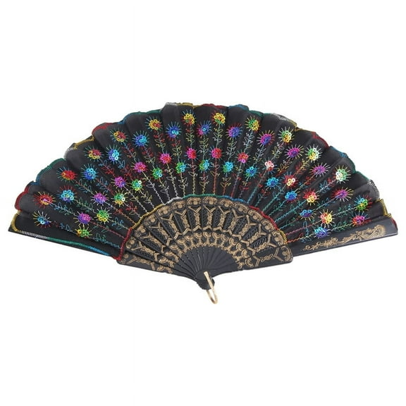Colored Embroidered Flower Pattern Black Cloth Folding Hand Fan for Woman