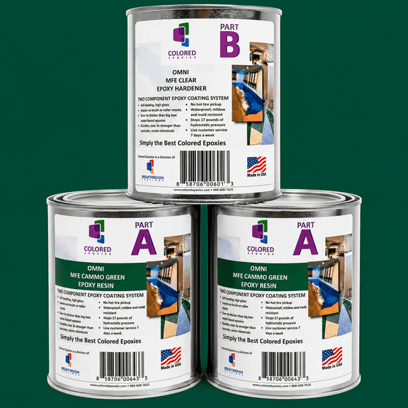 Colored Epoxies Cammo Green Epoxy Resin and Hardener Kit, 2:1 Mix Ratio, Garage Coatings, Flake Floors, Metallic Epoxy Flooring, Cammo Green, 3 Quart Kit