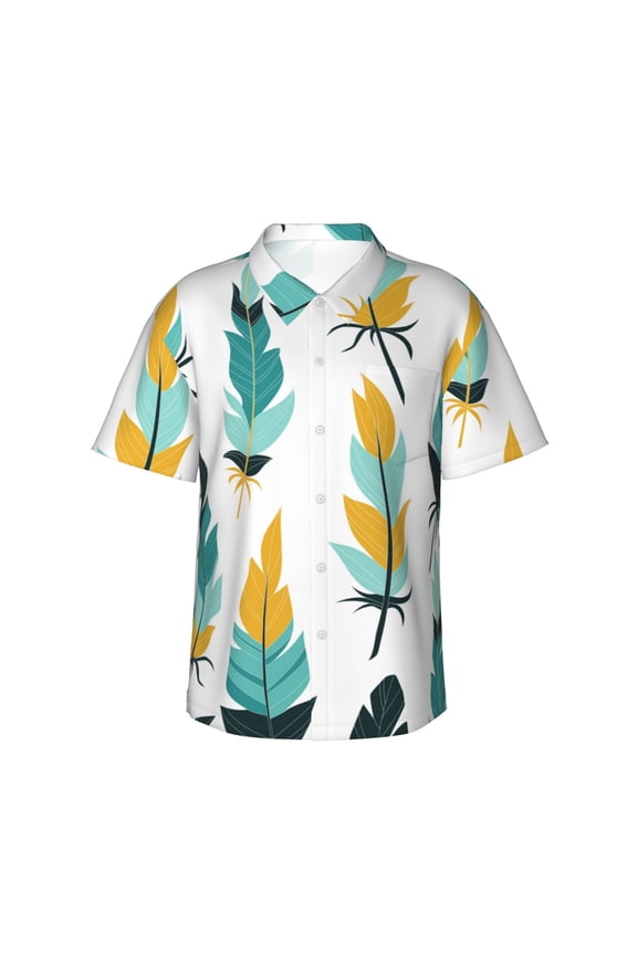 Colored Feathers Men's 3d Print Casual Button Down Shirts, Novelty Hawaiian Short Sleeves Xl