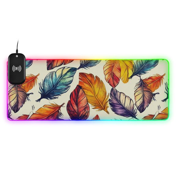 Colored Feathers Wireless Charging RGB Gaming Mouse Pad Large Keyboard Mat Rubber Base 13 Light Modes