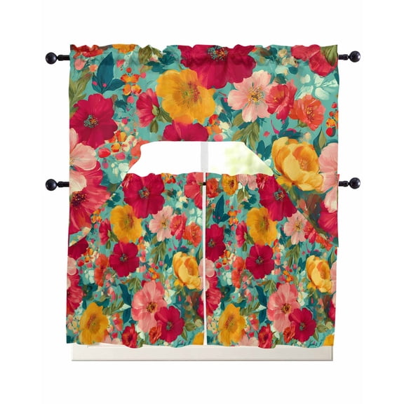 Colored Floral 3 Piece Swag Kitchen Curtains Set Valance and Tier Curtains 24 Inches Long, 56" x 36" Window Topper Oil Painting Country Red Yellow Floral for Cafe Bathroom Bedroom