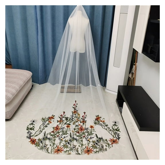 Colored Floral Embroidered Wedding Veil - Long Cathedral Tulle Bridal Veil with Metal Comb