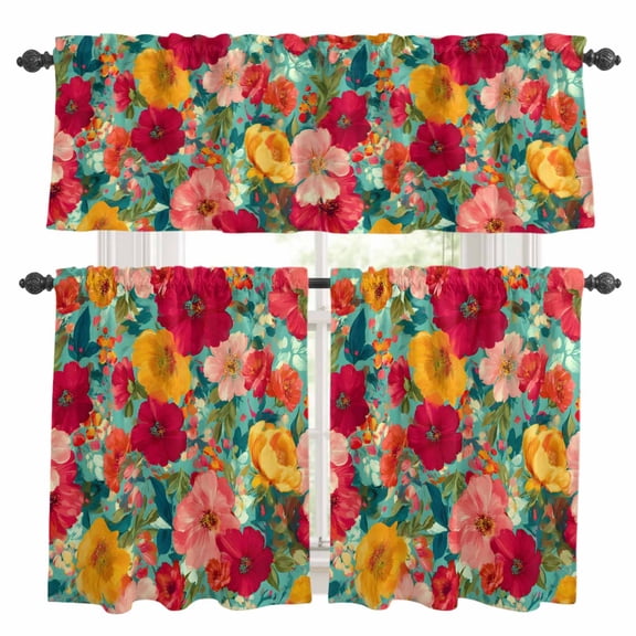 Colored Floral Kitchen Curtains Valances 3 Piece Set, Oil Painting Country Red Yellow Floral Rod Pocket Tier Curtain and Valance Drapes for Small Window 36 Inch Length for Bedroom Cafe